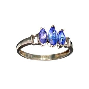 VINTAGE Tanzanite Marquise Platinum Sterling Silver Trinity Ring 7.5 - 7 1/2